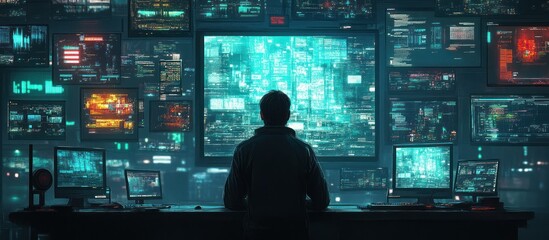 A man stands in front of a wall of computer monitors, looking at a large screen displaying data.