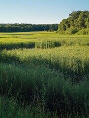 Leinwandbilder - Lush green meadow filled with tall grasses and flourishing soybeans, basking in the warm glow of mid-afternoon sunlight. Generative AI