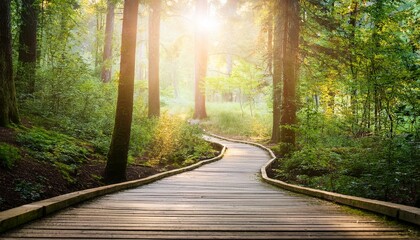 Canvas Print - Sunlit path winding through a lush green forest. Tranquil nature scene.