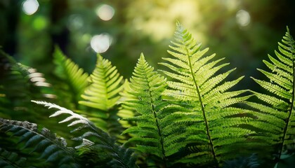 Canvas Print - Sunlight illuminating vibrant green ferns in a lush forest setting.