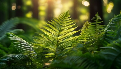 Canvas Print - Lush green ferns bathed in sunlight create a serene forest scene.