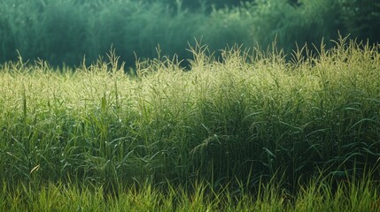 Leinwandbilder - The green meadow showcases tall grasses and thriving soybeans, bathed in gentle sunlight, creating a peaceful agricultural setting. Generative AI