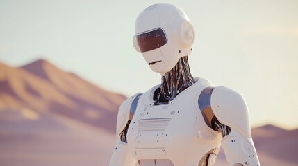 Poster - A robotic musician performing electronic music at a festival in a digital desert landscape, surreal and musical setting with digital art installations and electronic beats