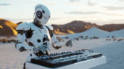 Poster - A robotic musician performing electronic music at a festival in a digital desert landscape, surreal and musical setting with digital art installations and electronic beats