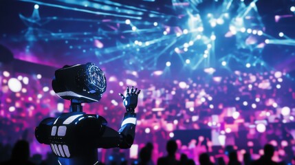 Poster - A robotic musician performing live in an interactive digital concert hall, immersive and musical setting with digital projections and virtual audience interaction