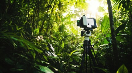 Poster - A robotic photographer capturing wildlife in a dense forest, natural and serene setting with diverse animals and plant life, Wildlife Photography Robotics style