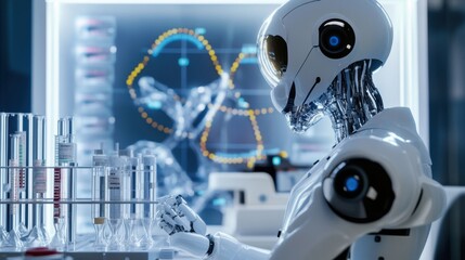 Aufkleber - A robotic scientist conducting experiments in a bioengineering lab to create synthetic organisms, scientific and innovative setting with genetic sequences and laboratory equipment