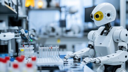 Fototapete - A robotic scientist conducting experiments in a bioengineering laboratory to create artificial organs, biomedical and scientific setting with laboratory equipment and biotechnological experiments