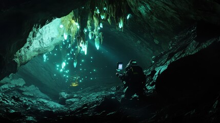 Poster - A robotic scientist conducting experiments in a bioluminescent cave, mystical and scientific setting with glowing fungi and natural formations, Bioluminescent Cave Robotics style