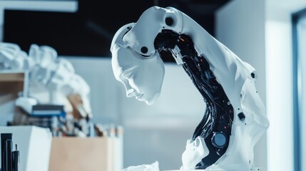 Fototapete - A robotic sculptor carving a statue in a futuristic art studio, creative and clean setting with art supplies and digital tools, Artistic Robotics style