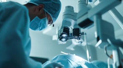 Leinwandbilder - A robotic surgeon performing a delicate eye surgery, sterile and highly controlled operating room with precision instruments, Ophthalmic Robotics style