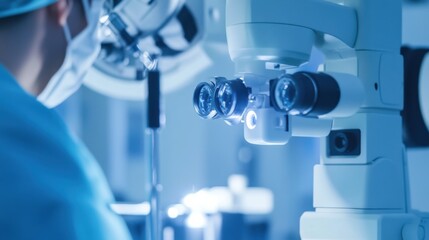 Leinwandbilder - A robotic surgeon performing a delicate eye surgery, sterile and highly controlled operating room with precision instruments, Ophthalmic Robotics style