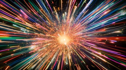 Wall Mural - Colorful light streaks radiating from a central point, resembling a burst of energy or fireworks.