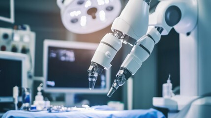 Leinwandbilder - A robotic surgeon performing a delicate operation in a futuristic hospital, sterile and medical setting with advanced surgical tools and patient monitoring systems