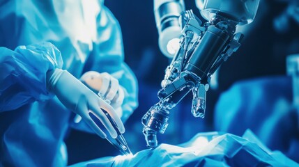 Leinwandbilder - A robotic surgeon performing a life-saving operation in a remote mountain clinic, medical and remote setting with rugged mountain terrain and surgical equipment, Mountain Clinic Surgery Robotics style
