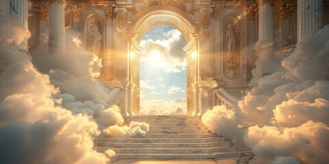 Wall Mural - Marble Staircase and Ornate Golden Gate in the Clouds with Sunbeams Shining Through