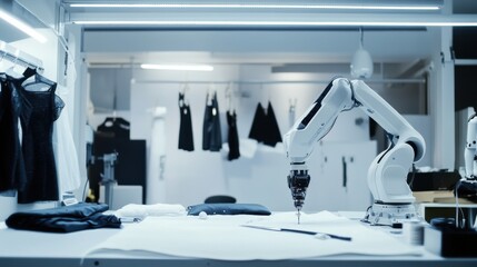 Poster - A robotic tailor designing and sewing garments in a high-tech fashion studio, modern and artistic setting with fabric and design tools, Fashion Robotics style