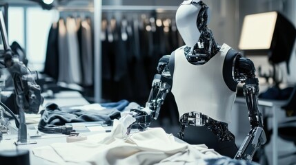 Poster - A robotic tailor designing and sewing garments in a high-tech fashion studio, modern and artistic setting with fabric and design tools, Fashion Robotics style