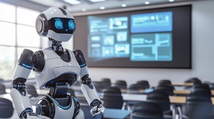 Poster - A robotic teacher conducting a virtual class in a futuristic classroom, advanced and digital educational setting with interactive screens, Educational Robotics style
