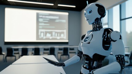 Poster - A robotic teacher conducting an interactive class in a virtual classroom, futuristic and educational setting with digital screens and interactive tools, Virtual Classroom Robotics style