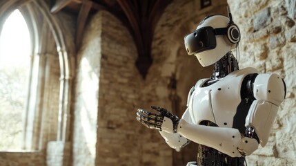 Poster - A robotic teacher conducting virtual reality history lessons in a medieval castle, educational and historical setting with VR headsets and medieval architecture