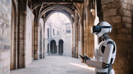 Poster - A robotic teacher conducting virtual reality history lessons in a medieval castle, educational and historical setting with VR headsets and medieval architecture