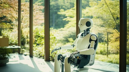 Poster - A robotic therapist assisting patients in a tranquil rehabilitation center, serene and therapeutic setting with nature views and rehabilitation equipment, Rehabilitation Therapy Robotics style