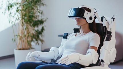 Poster - A robotic therapist providing counseling in a virtual reality therapy session, calming and therapeutic setting with VR headsets and serene surroundings, Therapeutic Robotics style