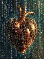 Poster - The heart, made of shimmering data, emerges from a backdrop of flowing digital code, symbolizing the blend of technology and humanity. Generative AI