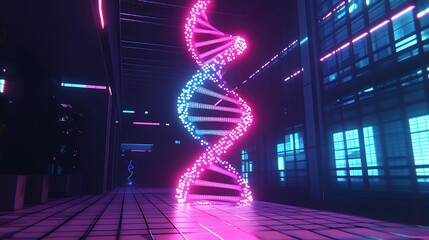 Glowing neon DNA helix in futuristic corridor.