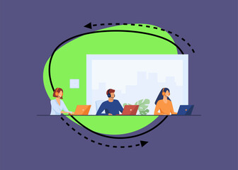 Wall Mural - customer support representatives working in call center. people in headset working at laptop in offi