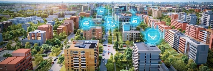 Leinwandbilder - The city features modern buildings linked through an innovative AI network, enhancing urban living and connectivity among residents. Generative AI