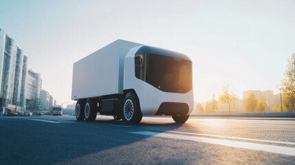 Poster - A sophisticated AI-driven autonomous vehicle for urban freight transport, clean city roads with vehicles designed for efficient and sustainable delivery of goods, Urban Freight style