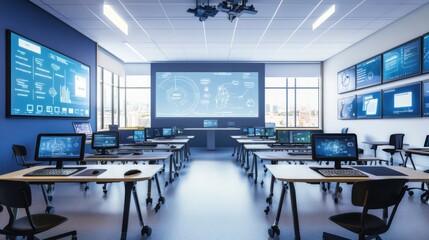 Wall Mural - A sophisticated AI-powered smart classroom with interactive digital boards, modern educational setting with integrated interactive displays and student engagement tools, Digital Learning style