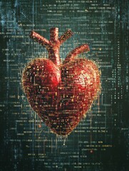 Aufkleber - A striking representation of a human heart intricately surrounded by luminous digital code, merging biology with technology. Generative AI