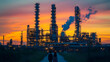 © HQAsset - Silhouettes of a Couple Walking Towards a Large Industrial Complex at Sunset with a Smoky Sky
