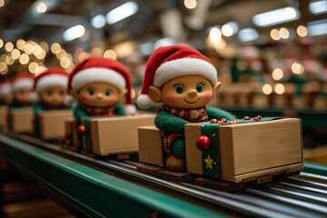 Wall Mural - santa claus sitting on a chair , Illustration Wooden toy boxes on a conveyor belt in a toy warehouse, preparing to welcome Santa Claus on Christmas