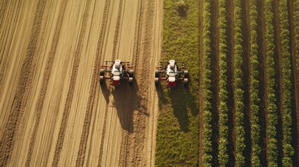 Aufkleber - Two robotic machines are actively working on a farm, planting and harvesting crops in well-organized rows under clear skies. Generative AI