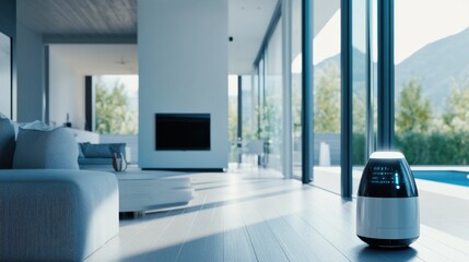 Poster - A sophisticated AI-powered smart home security system, modern residential setting with advanced technology for monitoring and securing homes through smart devices and sensors, Home Security style
