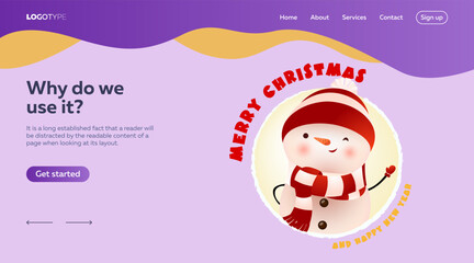 Merry Christmas lettering with snowman in circle. Christmas landing page. Typed text, calligraphy. For web invitations, posters or banners.