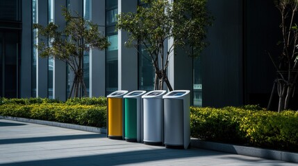 Poster - A sophisticated AI-powered smart recycling bin system, modern urban setting with bins equipped for automatic waste sorting and recycling efficiency, Recycling style