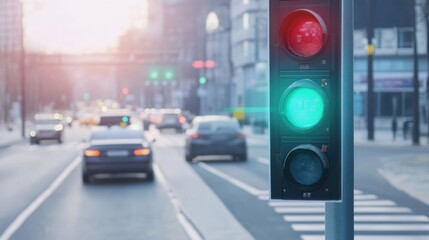 Poster - A sophisticated AI-powered smart traffic signal system for urban areas, modern city streets with integrated technology for managing traffic signals to optimize traffic flow and reduce delays