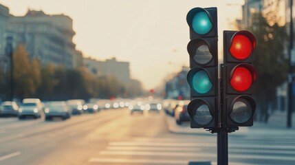 Poster - A sophisticated AI-powered smart traffic signal system for urban environments, modern city intersection with intelligent traffic signals for optimizing vehicle flow and reducing congestion