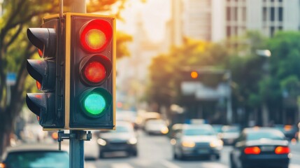 Poster - A sophisticated AI-powered smart traffic signal system for urban environments, modern city intersection with intelligent traffic signals for optimizing vehicle flow and reducing congestion