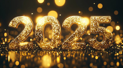 Wall Mural - 2025 Happy New Year Abstract shiny Gold glitter wave with Bokeh design element