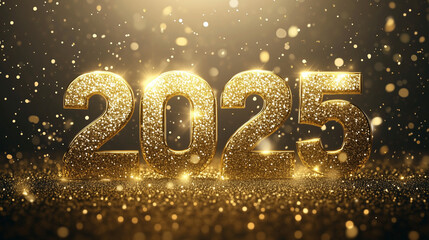 Wall Mural - 2025 happy new year abstract shiny gold glitter wave with bokeh design element