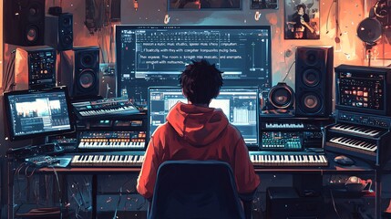 A person in a music studio, joyfully creating music with the help of AI tools on their computer. Floating musical notes appear around them as they experiment with melodies and beats. 