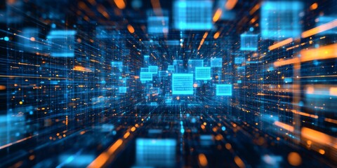 Digital Document Management: Abstract Network Grid with Futuristic Interface for Organizing Corporate Files in Paperless Office System