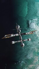 Wall Mural - Vertical Futuristic Space Station Outpost Orbiting a Lush Green Exoplanet