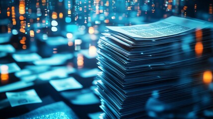 Futuristic software interface for digital document management system in abstract network grid with files and folders.